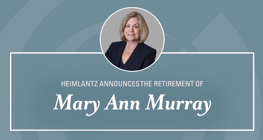 Graphic announcement from HeimLantz featuring a portrait of Mary Ann Murray. Text reads: 'HeimLantz announces the retirement of Mary Ann Murray.' The background is a muted teal with a circular frame around Mary Ann's portrait.